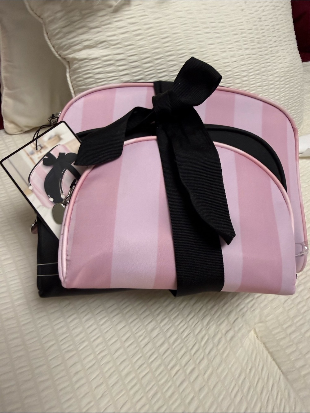 Pink Striped Cosmetic Pouch Set with Black Bow